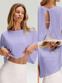GLOWMODE Modal Oversized Short Sleeve Tee With Keyhole Back Low Impact Yoga Pilates Daily Casual - Purple - View 8