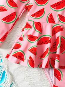 SHEIN Young Girl Cute & Cool Casual Beach Holiday Watermelon Fruit Pattern Contrast Color Raglan Sleeve One-Piece Swimsuit, Spring/Summer - Red - View 5