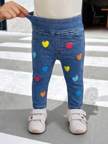 SHEIN Baby GirlColorful Heart Pattern Blue Denim Skinny Jeans Sports Stretchy And Comfortable Summer Festival Beach - Blue - View 1