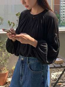 DAZY 女士宽松开衫，商务休闲校服衬衫 - 黑色 - 查看 4