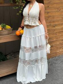 Sunnyshic Plus Size Women's Beach Vacation French Sexy Boho Contrast Lace Skirt White Summer - White - View 5