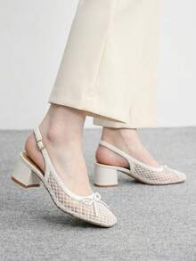 CUCCOO BIZCHIC 女士时尚高跟鞋，蝴蝶结装饰，厚底网纱鞋跟，全球四季通勤，优雅百搭，适合节日度假、办公室户外日常穿着。 - 純白 - 查看 3