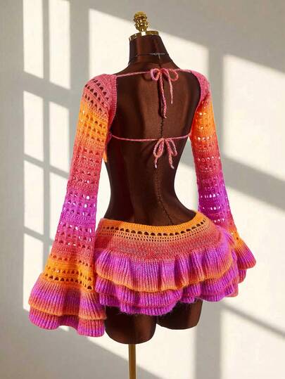 Amplova Women's Ombre Knit Flare Sleeve 2 Pieces Set, Sexy Front Cutout Contrast Color Dopamine Inspired Mini Cake Skirt Outfit, Summer