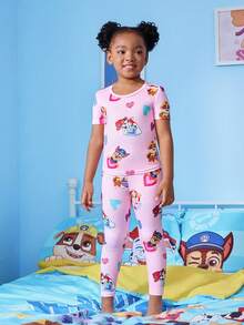 SHEIN | PAW Patrol 女童可爱狗狗印花圆领短袖T恤和裤子睡衣套装，夏季 - 淺粉色 - 查看 4