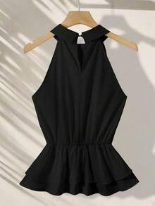 Franclia Women's Shirt With Neck Tie, Ruffle Hem - Black - View 2