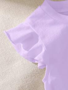 SHEIN Camiseta casual holgada para niña con cuello redondo y dobladillo con volantes de unicolor - Morado - Ver 3
