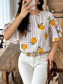 Elouméa Pink Striped & Yellow Lemon Print Round Neck Blouse With Bow Sleeve Decor, Spring/Summer Holiday Wear - Multicolor - View 5