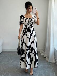 SHEIN Elenzya 春夏优雅度假休闲花瓣袖方领收腰修身连衣裙（女款） - 彩色 - 查看 5