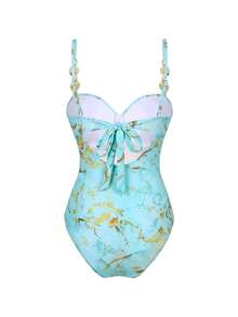 Bonvoyette Ensemble de maillot de bain 3 pièces pour femmes Swim Oasis : Maillot de bain une pièce beige avec armatures, bretelles spaghetti amovibles, volants réglables sur les côtés et jupe en maille amovible avec décoration métallique - Vert menthe - Voir 7