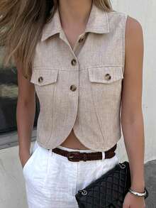 DAZY Áo khoác vest nữ thời trang, đa năng, tối giản, cài nút, nhẹ, phù hợp mặc hàng ngày. - Màu Khaki - Xem 5