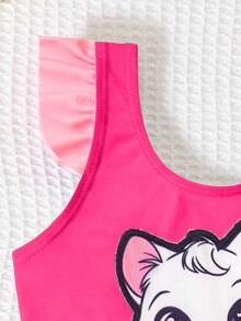 SHEIN GraphicGems Infant/Baby GirlSwimsuit, Cute Cat Applique Print Ruffle One-Piece Swimwear, Suitable For Summer Vacation, Beach, Swimming Pool - Hot Pink - View 3