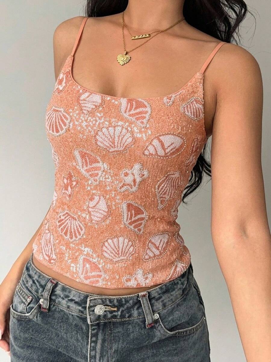 Aloruh Women's Elegant Orange Sequin Tank Top,Shiny Y2K Summer Festival Outfits,Holiday Beach Camisole,2000s Fashionable Party Top,Country Concert Outfit