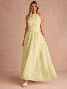 Elegant Halter Backless Slim Dress - Yellow - View 3