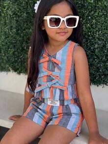Young Girls' Rainbow Squishy Camisole 2 Pieces Set,Summer,Matching,Family Vacation,Holiday,Casual Fashionable Versatile For Party,Photoshoot,Camping - Multicolor - View 3