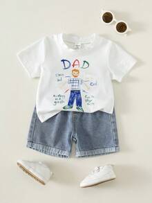 SHEIN Setelan 2pcs untuk Bayi Laki-laki, Kaos Lengan Pendek dan Celana Pendek Denim Motif Lucu Kasual untuk Hari Ayah, Cocok untuk Musim Semi/Panas - MultiWarna - View 5