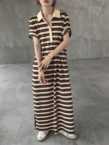 FRIFUL 女款夏季條紋POLO領直筒長洋裝太陽裙 - 綠色 - 查看 8