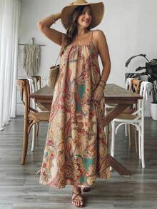 SHEIN LUNE Plus Size Women Floral Print Ruched Cami Dress, Holiday Holiday Vacation Beige Summer Boho - Multicolor - View 4