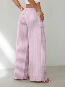 SHEIN PETITE Women's Pink Striped Casual Pants, Suitable For Summer Vacation - Pink - View 2