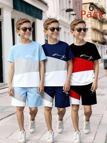 Bộ đồ 3 món cho bé trai tuổi teen: Áo thun ngắn tay và quần short in chữ phối màu, thích hợp mặc đi chơi, đi làm hàng ngày. - Nhiều màu - Xem 3