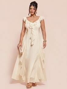 SHEIN BAE Plus Size Solid Color Minimalist Everyday Ruffle Hem Dress - Beige - View 5