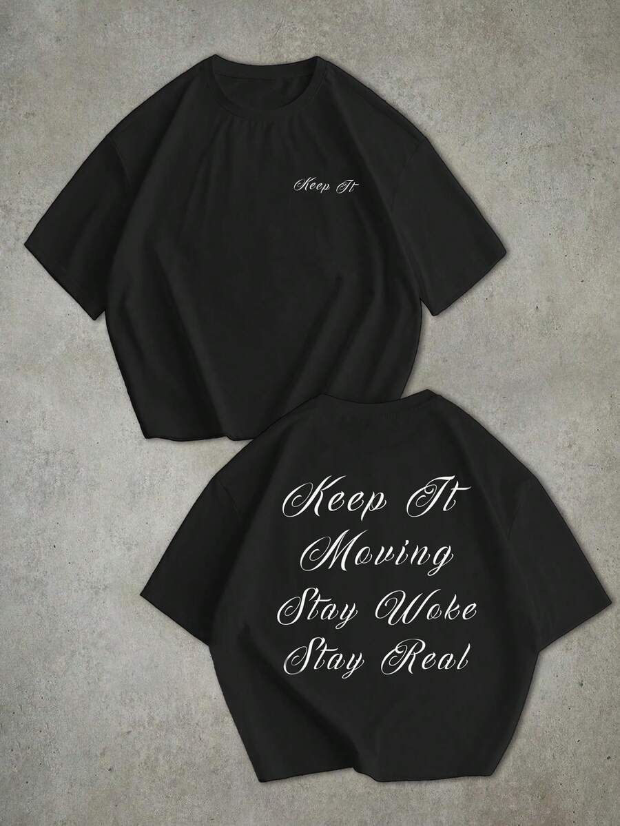 STEELVANCE Camiseta corta de manga corta con estampado de letras para hombre - Negro - Ver 1