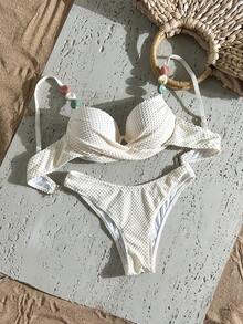 Swim Vcay 女款春夏提花布料細肩帶聚攏胸部交叉高衩比基尼套裝 - 米色 - 查看 2