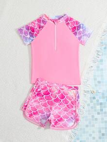 SHEIN GraphicGems Tween Girl 2 Pieces Pink Mermaid Fish Scale Print Rash Guard Set,Cute Summer Half-Zip Front Swim Shirt And Shorts Swimwear For Beach,Pool,Holiday - Pink - View 5