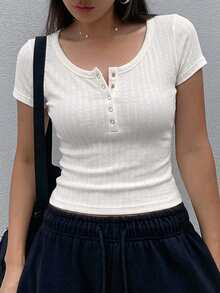 DAZY Casual Basic Solid Color Short Sleeve T-Shirt, Versatile For Summer Crop Top Golf White - Beige - View 4