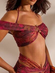 Opulessa Women's Vacation Printed Off Shoulder Cropped Sexy Halter Top - Red - View 7