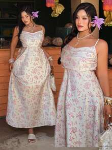 Sunnyshic Vestido elegante de satén con estampado floral para mujer, adecuado para la oficina, uso casual, vacaciones, té romántico, fiesta en la playa, espalda descubierta, corte evasé, longitud larga - Rosa - Ver 6