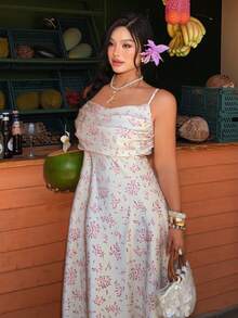 Sunnyshic Vestido elegante de satén con estampado floral para mujer, adecuado para la oficina, uso casual, vacaciones, té romántico, fiesta en la playa, espalda descubierta, corte evasé, longitud larga - Rosa - Ver 3