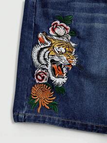 ROMWE MEN Street Life Quần short denim nam in hình hổ, có túi và khóa kéo. - Màu xanh lam - Xem 5