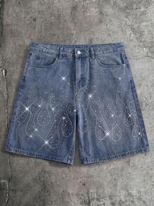 AXEPEAK Quần short denim nam đã qua xử lý, đính đá lấp lánh, kiểu dáng thời trang dài đến đầu gối. - Màu xanh lam - Xem 1
