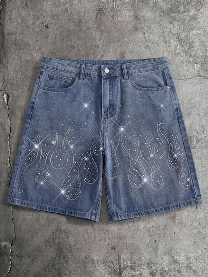 AXEPEAK Quần short denim nam đã qua xử lý, đính đá lấp lánh, kiểu dáng thời trang dài đến đầu gối.