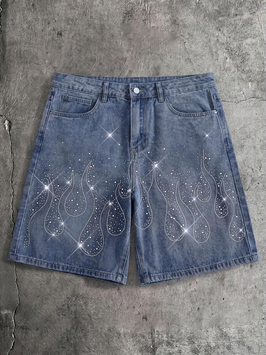 AXEPEAK Quần short denim nam đã qua xử lý, đính đá lấp lánh, kiểu dáng thời trang dài đến đầu gối. - Màu xanh lam - Xem 1