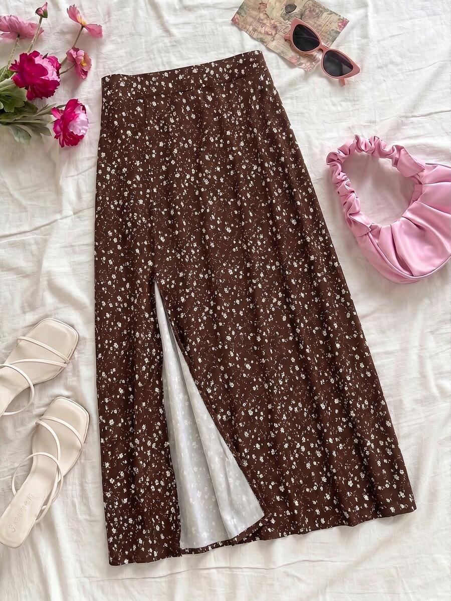 Soleia Falda casual con dobladillo dividido y estampado floral diminuto para vacaciones de mujer - Café integral - Ver 1