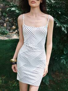 Lumivelle 女士春夏时尚弹力针织渐变波点印花紧身吊带裙，波点连衣裙，细肩带连衣裙，紧身连衣裙，度假连衣裙，工作连衣裙 - 白色 - 查看 3