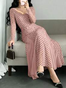 Modelyn Apricot Polka Dot Mesh Ruffle Long Sleeve Contrast Mesh Back Tie Elegant Midi Dress For Women - Pink - View 6