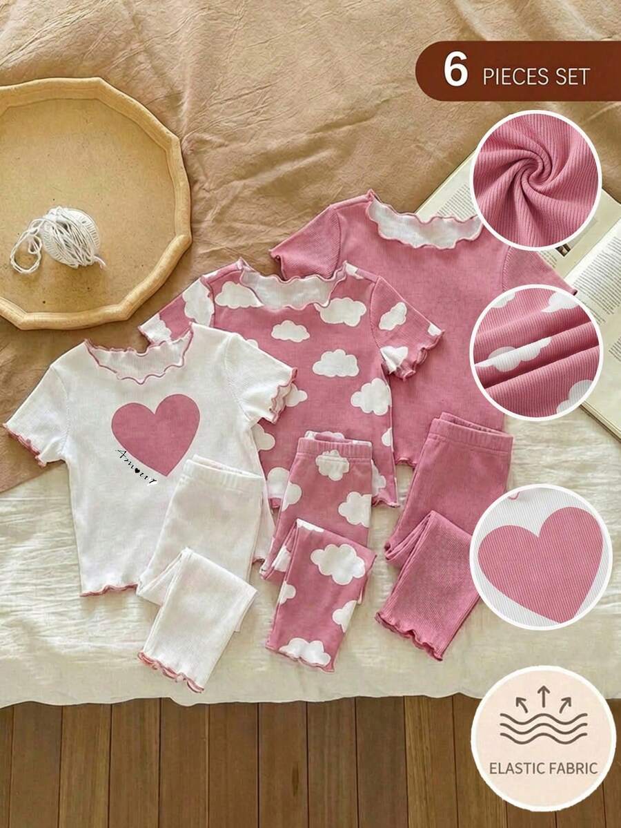 SHEIN LMoss Kids 6件套可爱女宝宝休闲简约卡通爱心云朵波点圆领短袖长裤舒适针织睡衣套装(6件),返校季,时尚套装,母女亲子装 - 彩色 - 查看 1