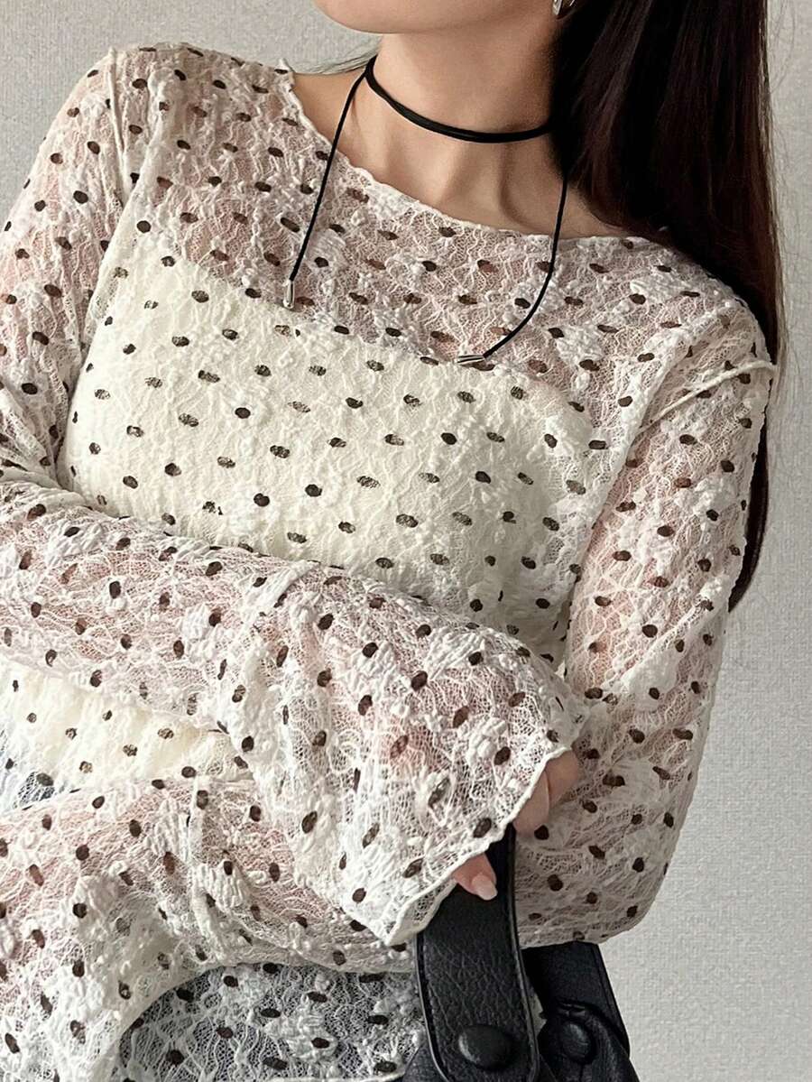 FRIFUL 女士波点印花薄纱圆领休闲长袖上衣 - 米色 - 查看 1