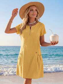 Sylviya Vestido de verano casual de unicolor con cuello con cremallera para mujer - Amarillo - Ver 3