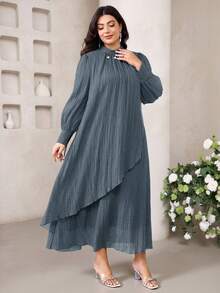 Veilorie Vestido elegante de manga larga con decoración de perlas falsas de unicolor talla grande - Azul - View 7