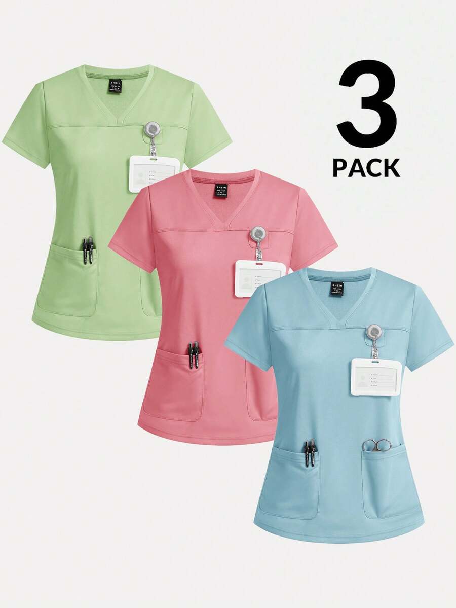 TaskEZ 3pcs Women's Basic V-Neck Double Pocket Short Sleeve Scrub Uniform Set - Multicolor - View 1