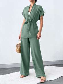 SHEIN Tall Solid Color Sleeveless Casual Summer Tall Women Two-Piece Set With Belt - Mint Green - View 6