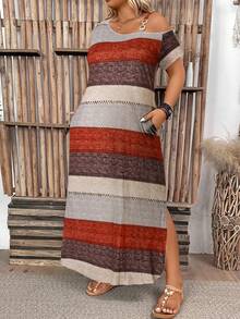 Breezaya Plus Size Women's Casual Boho Leaf Print Asymmetric Neck Side Slit Pocket Dress, Summer Loose Holiday Style Long Dress Holiday Vacation Beige - Multicolor - View 3