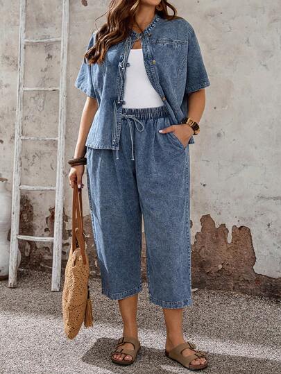 EMERY ROSE Mature Denim 大码女式休闲水洗纽扣牛仔上衣和牛仔裤两件套，夏季