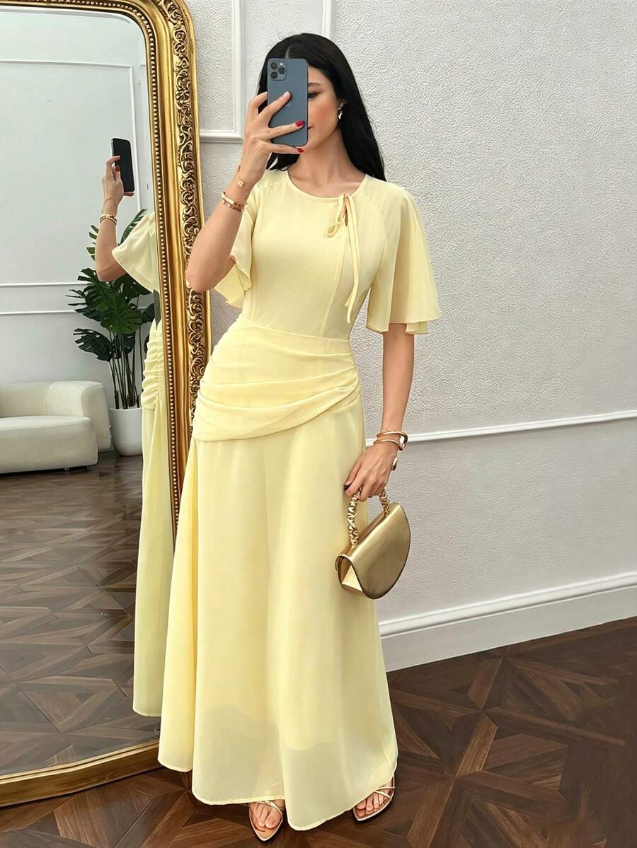 Modelyn Women's Ruched Waist Concealed Belly Flared Dress - Yellow - View 1