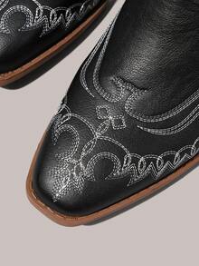 Styleloop Giày bốt nữ sinh trung học màu nâu thêu họa tiết, bốt cao bồi mũi nhọn gót thô, bốt hiệp sĩ, bốt da thêu họa tiết dành cho người đi xe máy. - Da đen - Xem 5