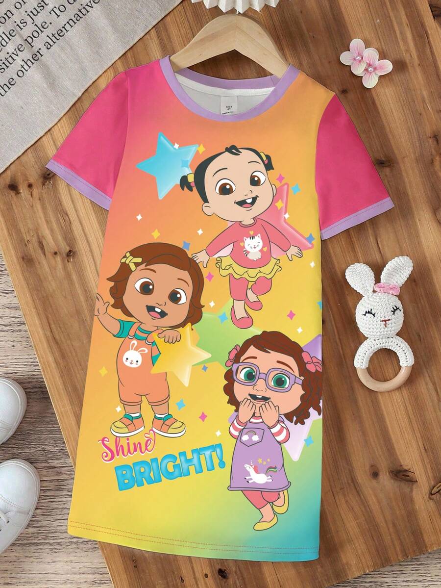 CoComelon X SHEIN Vestido con estampado de dibujos animados degradado para niña joven - Blanco - Ver 1