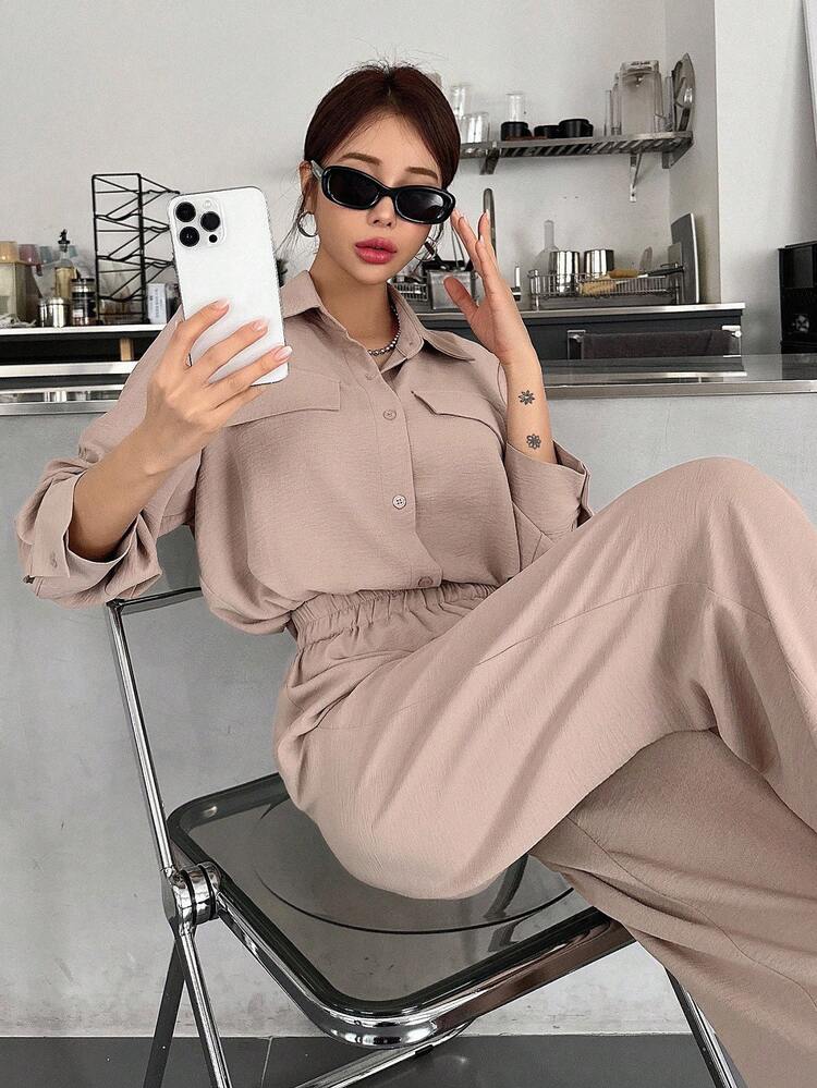 Women's Solid Color Long Sleeve Single-Breasted Shirt And Pants Casual 2 Pieces Set